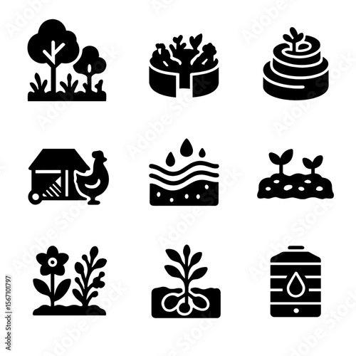 Permaculture Icons Set. Solid, filled icons set of permaculture principles: food forest, keyhole garden, herb