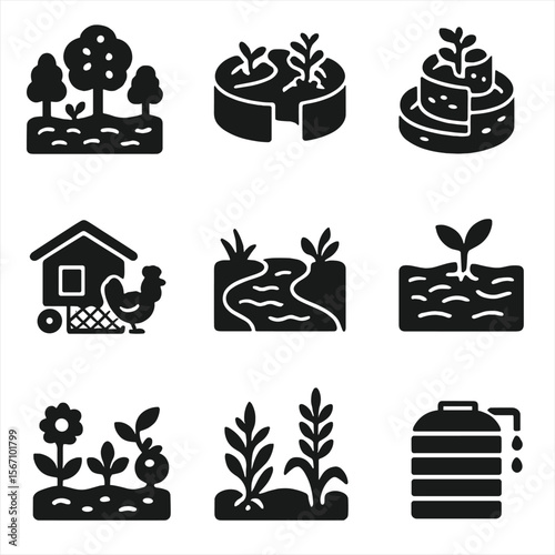 Permaculture Icons Set. Solid, filled icons set of permaculture principles: food forest, keyhole garden, herb