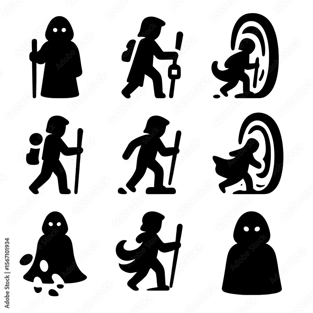 Fototapeta premium Traveler Icons Grid. Solid, filled icon set of traveler entering portal: cloaked figure, walking staff, lantern, backpack,