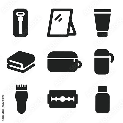 Travel Shaving Icons. Solid, filled icon set of travel shaving gear: travel razor case, foldable shaving mirror, mini shaving