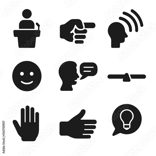 Persuasive Communication Icons. Solid, filled icons set of persuasive communication: speaker at podium,