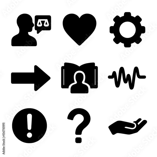 Persuasive Techniques Icons. Solid, filled icons set of persuasive speaking techniques: ethos icon, pathos