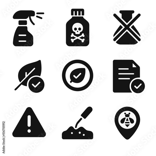 Pesticide Regulation Icons. Solid, filled icons set of pesticide regulation efforts: no spray sign, chemical