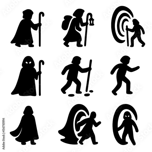 Traveler Icons Grid. Solid, filled icon set of traveler entering portal: cloaked figure, walking staff, lantern, backpack,
