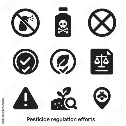 Pesticide Regulation Icons. Solid, filled icons set of pesticide regulation efforts: no spray sign, chemical