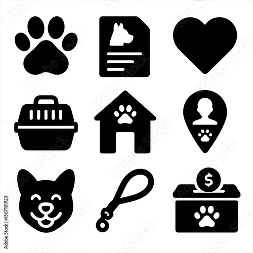Pet Adoption Icons. Solid, filled icons set of pet adoption services and advocacy: paw print, adoption form,