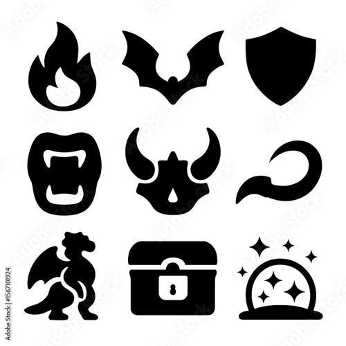 Treasure Defense Icons. Solid, filled icon set of treasure defense symbols: fire blast, dragon wings spread, shield emblem,