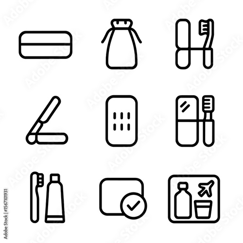 Travel Toothbrush Holders Icons. Solid, filled icon set of travel toothbrush holders: hard case, soft pouch, clip holder, foldable