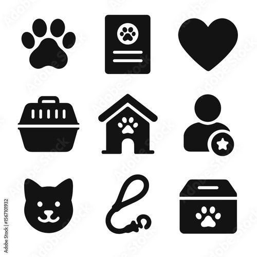Pet Adoption Icons. Solid, filled icons set of pet adoption services and advocacy: paw print, adoption form,
