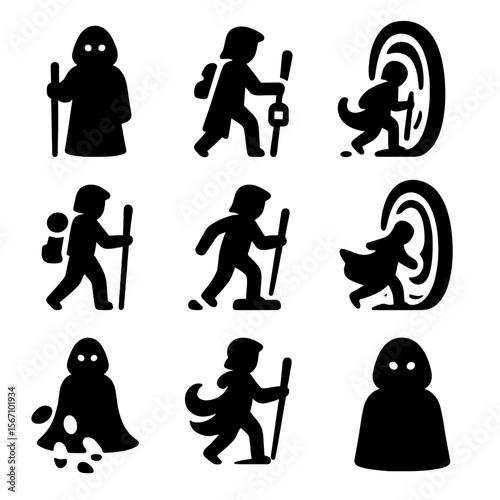 Traveler Icons Grid. Solid, filled icon set of traveler entering portal: cloaked figure, walking staff, lantern, backpack,