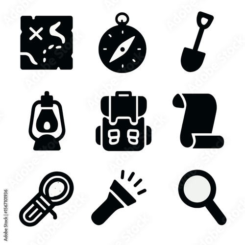 Treasure Hunt Icons. Solid, filled icon set of treasure hunt essentials: treasure map, compass, shovel, lantern, backpack, clue