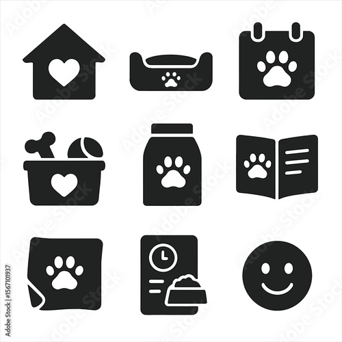 Pet Foster Icon Set. Solid, filled icons set of pet foster programs: house icon, temporary bed, calendar, toy