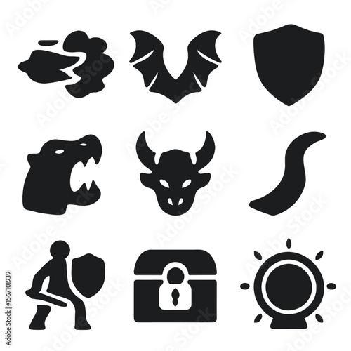 Treasure Defense Icons. Solid, filled icon set of treasure defense symbols: fire blast, dragon wings spread, shield emblem,