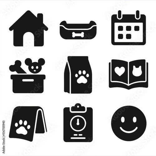 Pet Foster Icon Set. Solid, filled icons set of pet foster programs: house icon, temporary bed, calendar, toy