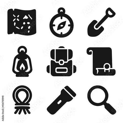 Treasure Hunt Icons. Solid, filled icon set of treasure hunt essentials: treasure map, compass, shovel, lantern, backpack, clue
