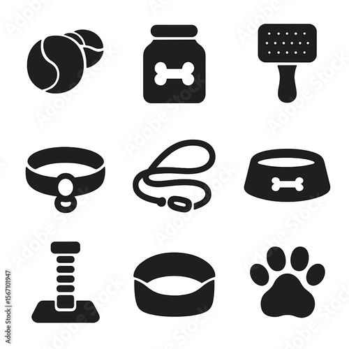 Pet Gift Icons. Solid, filled icons set of pet-related hobby gifts: pet toy, treat jar, grooming brush, collar