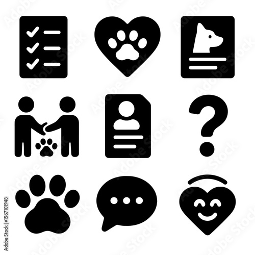 Pet Icon Grid. Solid, filled icons set of pet matchmaking process: checklist, compatibility heart, pet profile