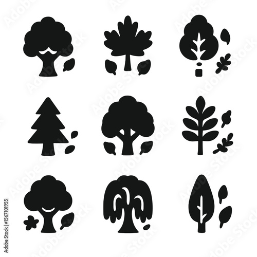 Tree Icon Grid. Solid, filled icon set of tree types with falling leaves: oak tree, maple tree, birch tree, pine tree, elm tree,