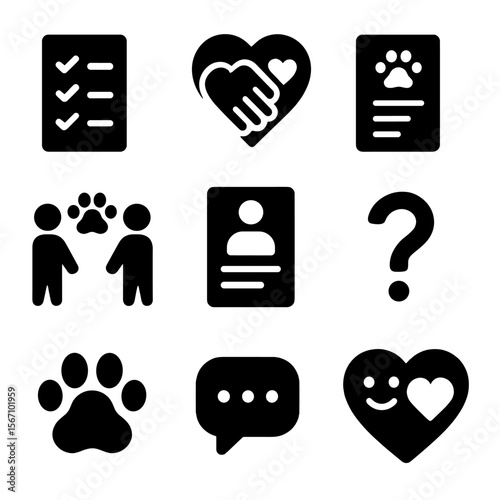 Pet Icon Grid. Solid, filled icons set of pet matchmaking process: checklist, compatibility heart, pet profile