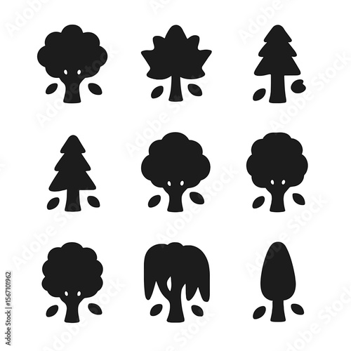 Tree Icon Grid. Solid, filled icon set of tree types with falling leaves: oak tree, maple tree, birch tree, pine tree, elm tree,