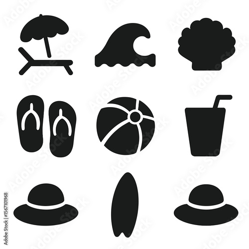 Tropical Beach Icons. Solid, filled icon set of tropical beach scenery: beach umbrella, lounge chair, sea wave, seashell, flip