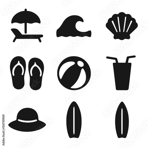 Tropical Beach Icons. Solid, filled icon set of tropical beach scenery: beach umbrella, lounge chair, sea wave, seashell, flip