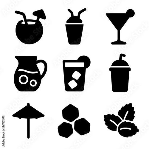 Tropical Drink Icons. Solid, filled icon set of tropical poolside drinks: coconut drink, fruit smoothie, cocktail glass, lemonade