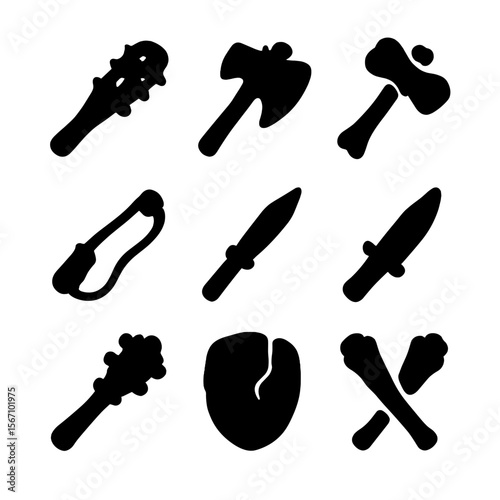 Troll Weapon Icons. Solid, filled icon set of troll weapons: spiked club, giant axe, bone hammer, rock sling, log spear, crude