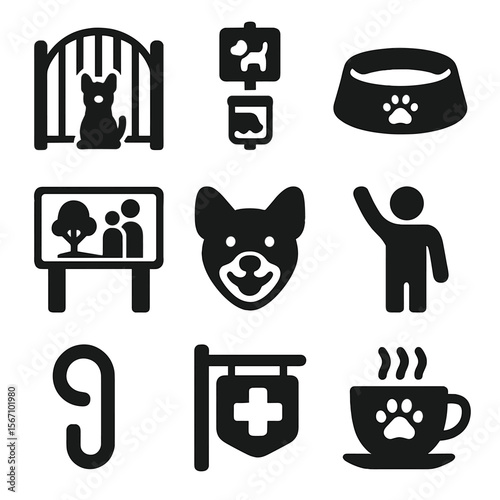 Pet-Friendly Icons Grid. Solid, filled icons set of pet-friendly neighborhood features: dog park gate, pet