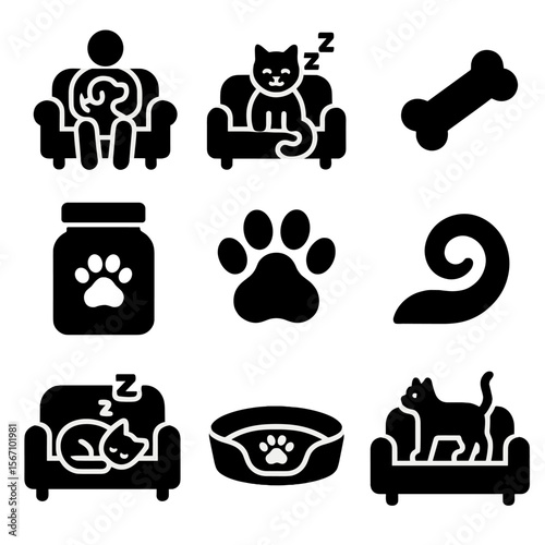 Pet-Friendly Workspace Icons. Solid, filled icons set of pet-friendly couch workspaces: dog on lap, purring
