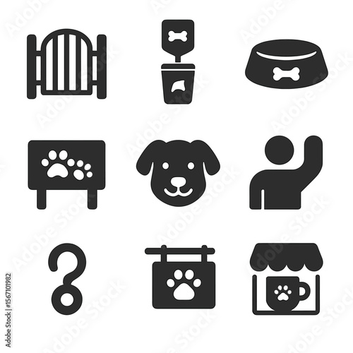 Pet-Friendly Icons Grid. Solid, filled icons set of pet-friendly neighborhood features: dog park gate, pet