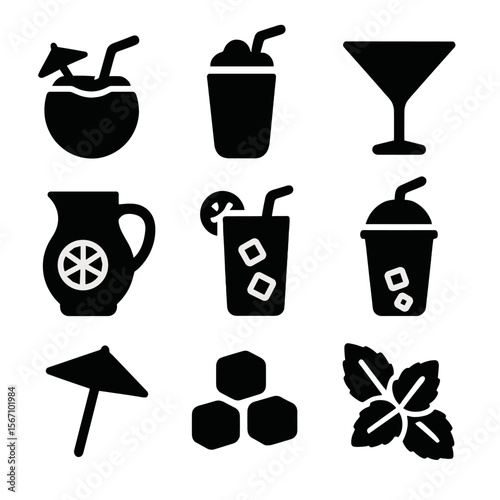 Tropical Drink Icons. Solid, filled icon set of tropical poolside drinks: coconut drink, fruit smoothie, cocktail glass, lemonade