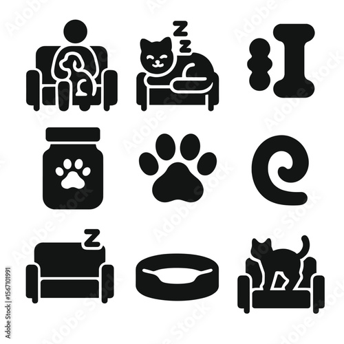 Pet-Friendly Workspace Icons. Solid, filled icons set of pet-friendly couch workspaces: dog on lap, purring