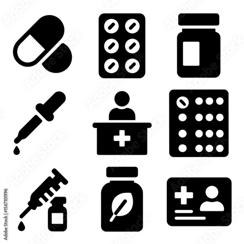Pharmaceuticals Icon Set. Solid, filled icons set of pharmaceuticals and medication: pill capsule, tablet