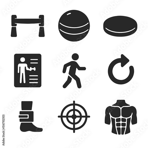 Physical Therapy Icons. Solid, filled icons set of physical therapy-based routines: PT band, rehab ball,