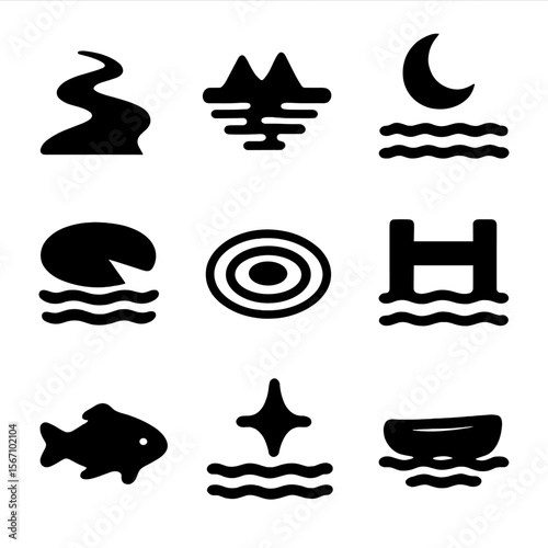 Twilight Water Icons. Solid, filled icon set of twilight water elements: calm river, reflection, moonlit waves, lily pad, water