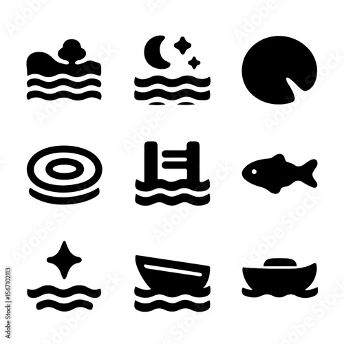 Twilight Water Icons. Solid, filled icon set of twilight water elements: calm river, reflection, moonlit waves, lily pad, water