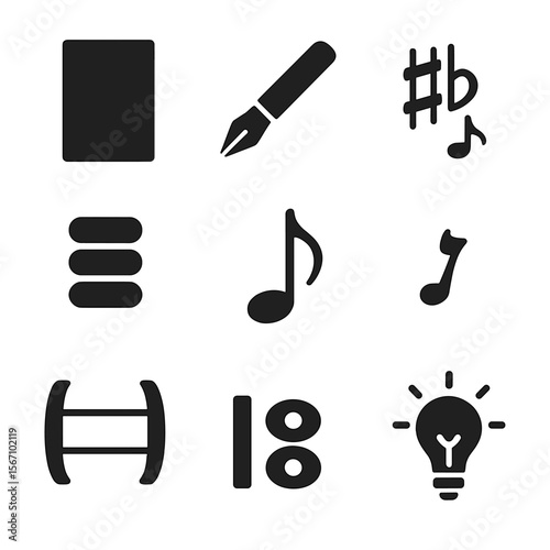 Piano Composition Icon Set. Solid, filled icons set of piano composition elements: blank sheet, note writing