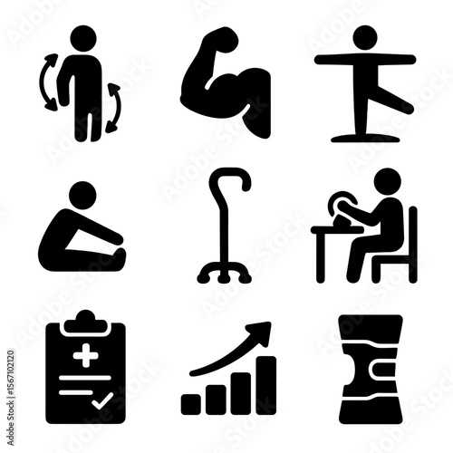 Physical Therapy Icons. Solid, filled icons set of physical therapy and recovery: range of motion, muscle