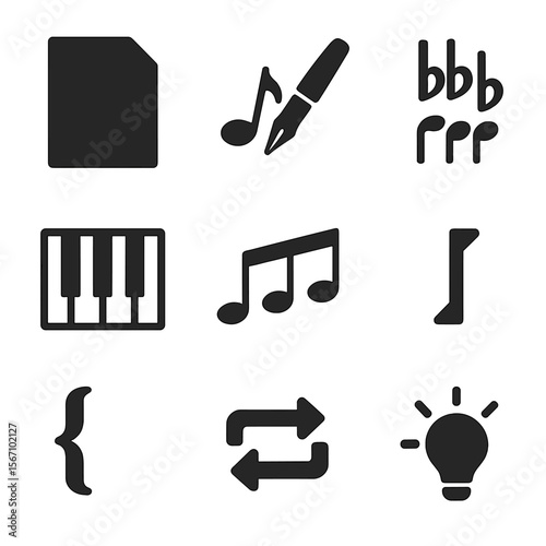Piano Composition Icon Set. Solid, filled icons set of piano composition elements: blank sheet, note writing