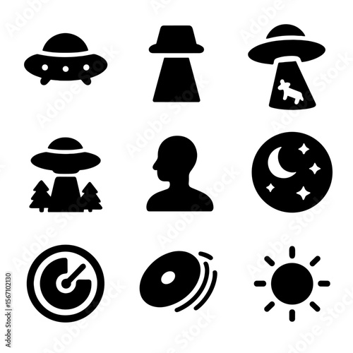 UFO Sightings Icon Set. Solid, filled icon set of UFO sightings: flying saucer, beam of light, cow abduction, UFO above trees,