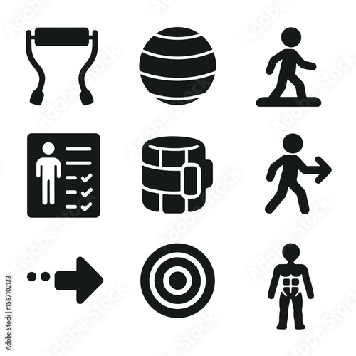 Physical Therapy Icons. Solid, filled icons set of physical therapy-based routines: PT band, rehab ball,