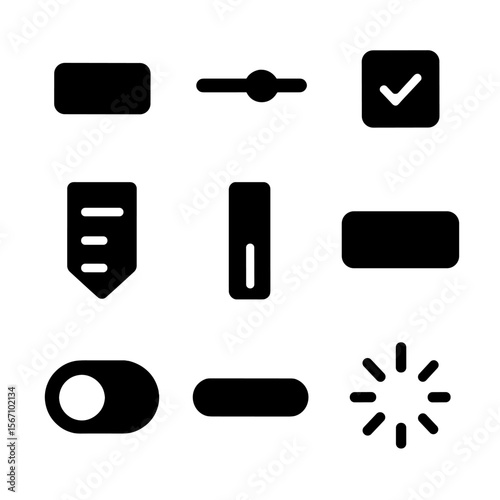 UI Icon Set. Solid, filled icon set of user interface elements: button, slider, checkbox, dropdown menu, scroll bar, text input,