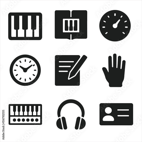 Piano Practice Icon Set. Solid, filled icons set of piano practice tools: keyboard icon, practice book, tempo