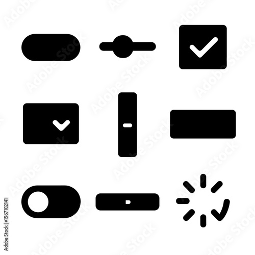UI Icon Set. Solid, filled icon set of user interface elements: button, slider, checkbox, dropdown menu, scroll bar, text input,