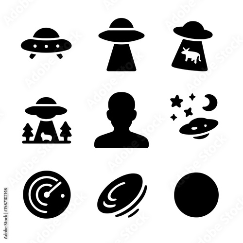 UFO Sightings Icon Set. Solid, filled icon set of UFO sightings: flying saucer, beam of light, cow abduction, UFO above trees,