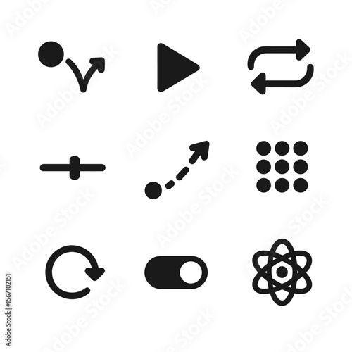 UI Icon Grid. Solid, filled icon set of interactive UI elements: bounce animation icon, play button, loop icon, speed slider,