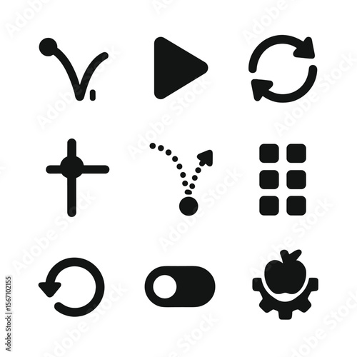 UI Icon Grid. Solid, filled icon set of interactive UI elements: bounce animation icon, play button, loop icon, speed slider,
