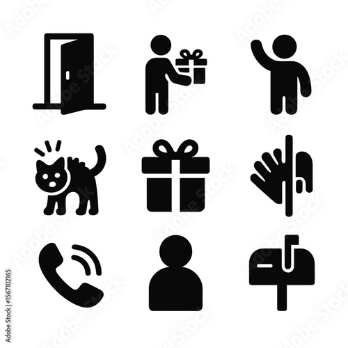 Unexpected Encounters Icons. Solid, filled icon set of unexpected encounters: open door, surprise visit, waving figure, startled