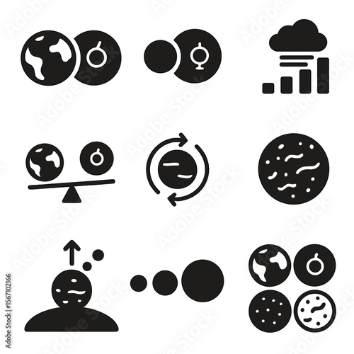 Planetary Comparison Icons. Solid, filled icons set of comparative planetology: Earth-Venus icon, twin planets